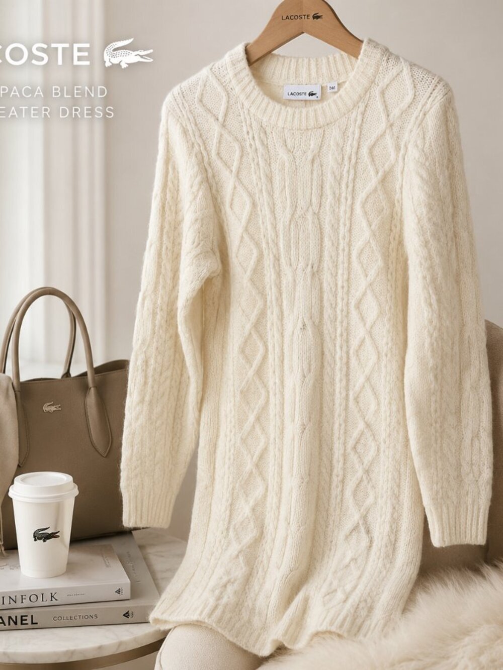 Lacoste Alpaca Blend Cable Knit Sweater /Dress, Cozy Luxury, Timeless Style, S